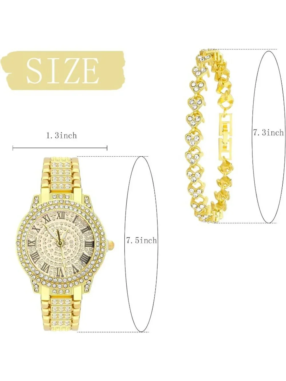 Women's All Gold Analog Quartz Diamond Bracelet Set Luxury Cubic Zirconia Watch